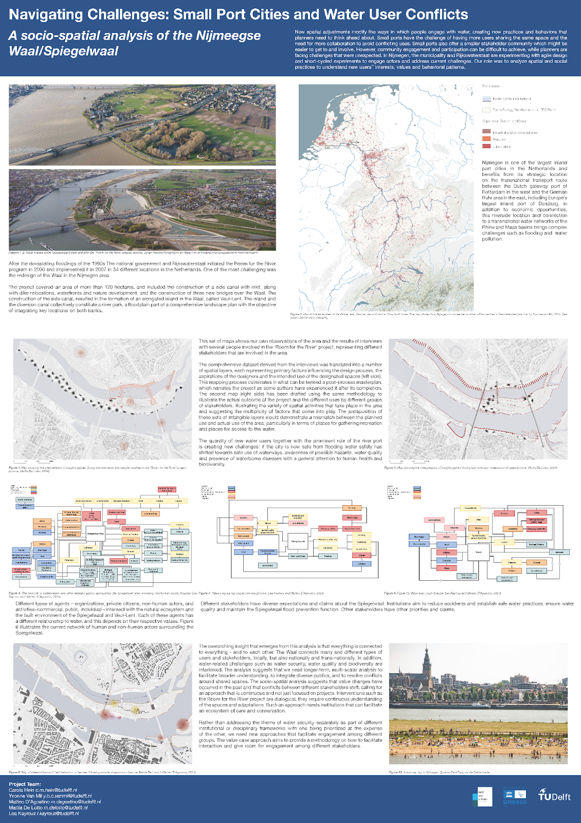 Figure 6: Project poster of “Navigating Challenges: Small Port Cities and Water User Conflicts. A Social Spatial analysis” by Carola Hein, Yvonne van Mil, Matteo D’Agostino, Lea Kayrouz, and Mattia
