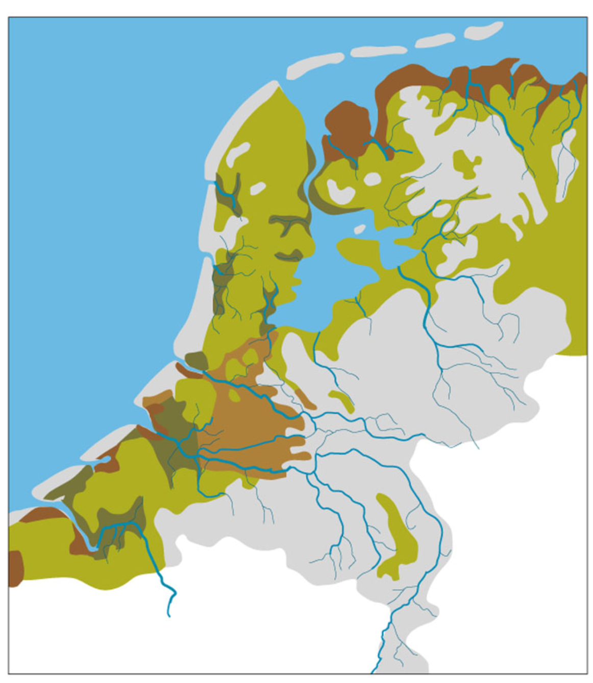 Netherlands about thousand years ago. Coloured is lowland swamp