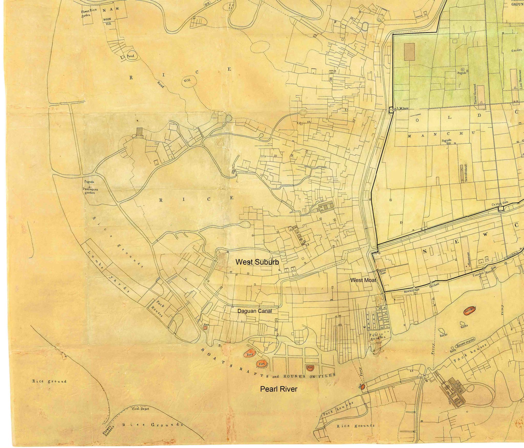 historic map of Canton showing the location of Daguan canal