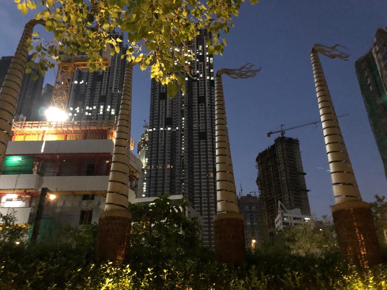 Redevelopment of Shrinivas Mill compound in Parel, now housing three skyscrapers and a memorial park. Sonal Sundararjan, 2019.