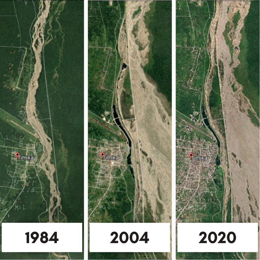 Figure 2: Screenshots showing changes in the size of PT Freeport Indonesia's tailings waste that is widening continuously (Source: Google Earth)
