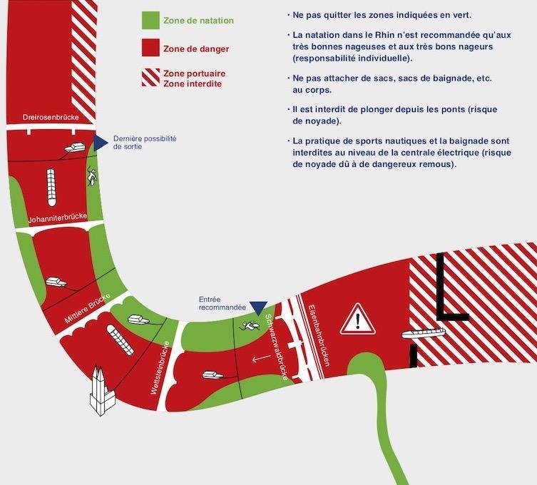 Figure 4: Basel safety map for Rhine swimming (in French). Red areas indicate areas recommended for vessels. Technically, swimming there is legal but not recommended. The only realms where swimming is lawfully forbidden are active port areas (red/white). (Image:  SLRG/Kantonspolizei Basel Stadt, 2020)