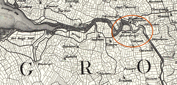 Figure 2: the Delta of the North of the Netherlands in 1832. The red circle shows the two subsequent sluices needed to redirect the water: Winsumerzijl and Schaphalsterzijl. (Source: Topotijdreis.nl, Kadaster.)