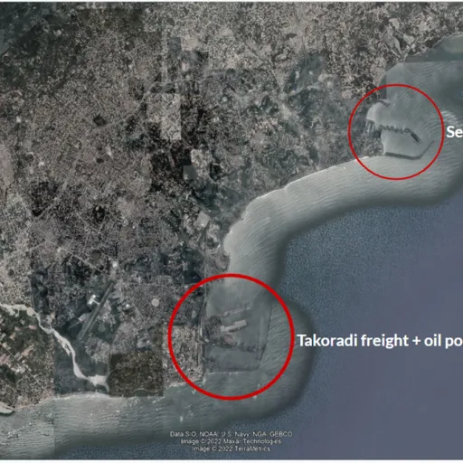 Map showing the twin port cities Takoradi and Sekondi in Ghana 